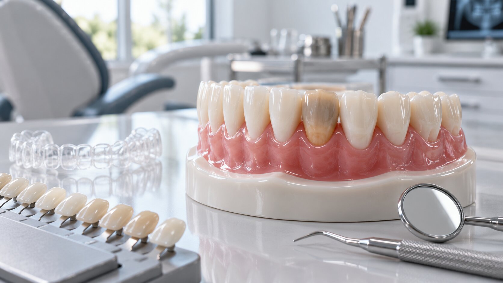 Imagem educativa sobre dente escurecido e avaliação para clareamento dental
