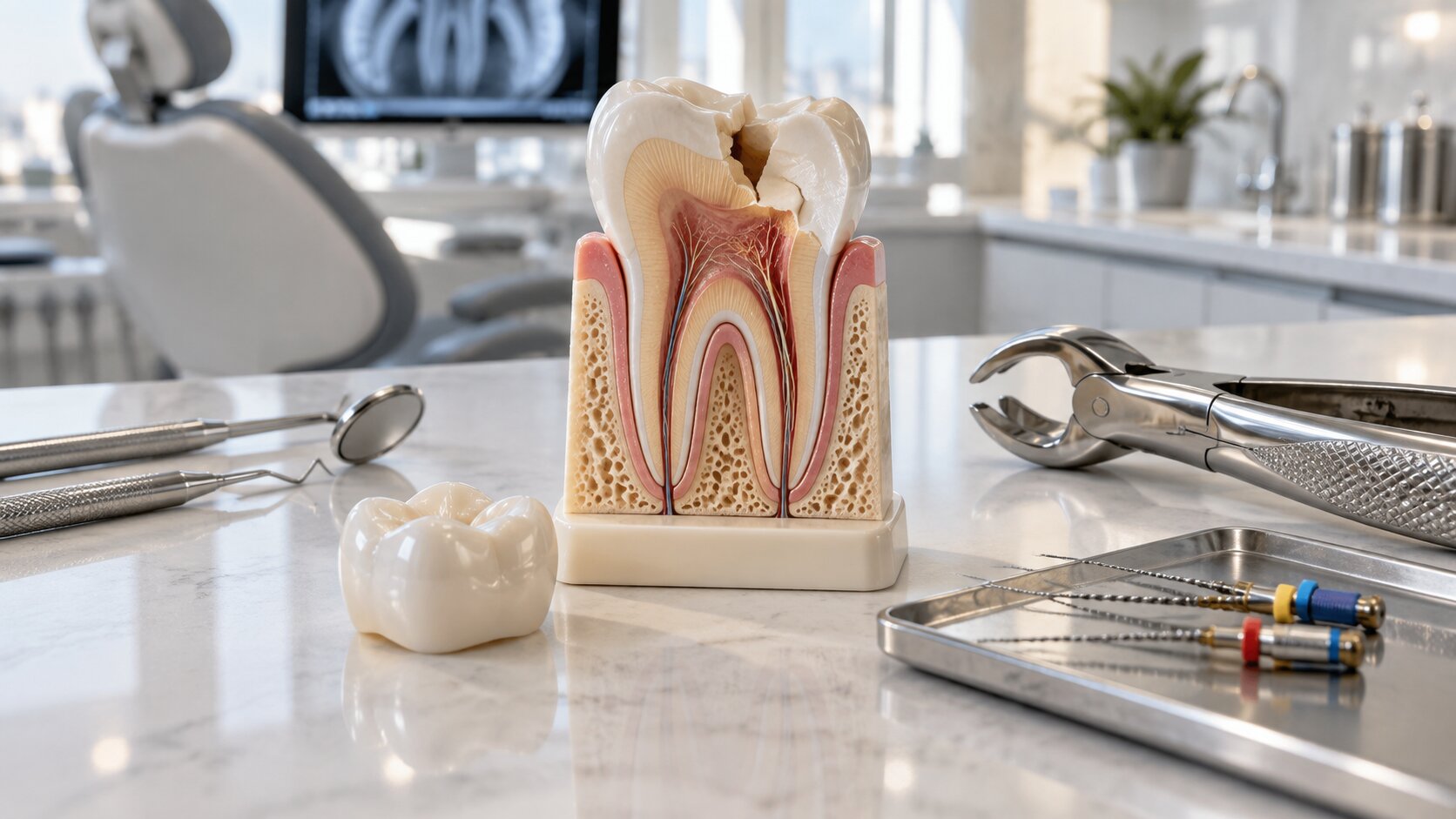 Imagem educativa sobre dente quebrado e avaliação de coroa, canal ou extração
