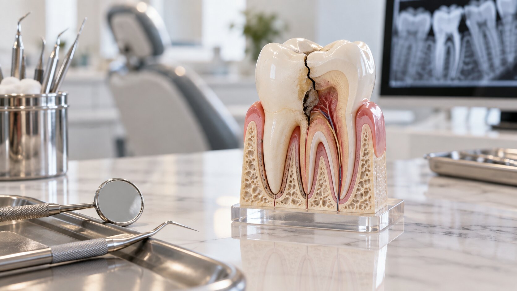Imagem educativa sobre dor ao mastigar e avaliação odontológica