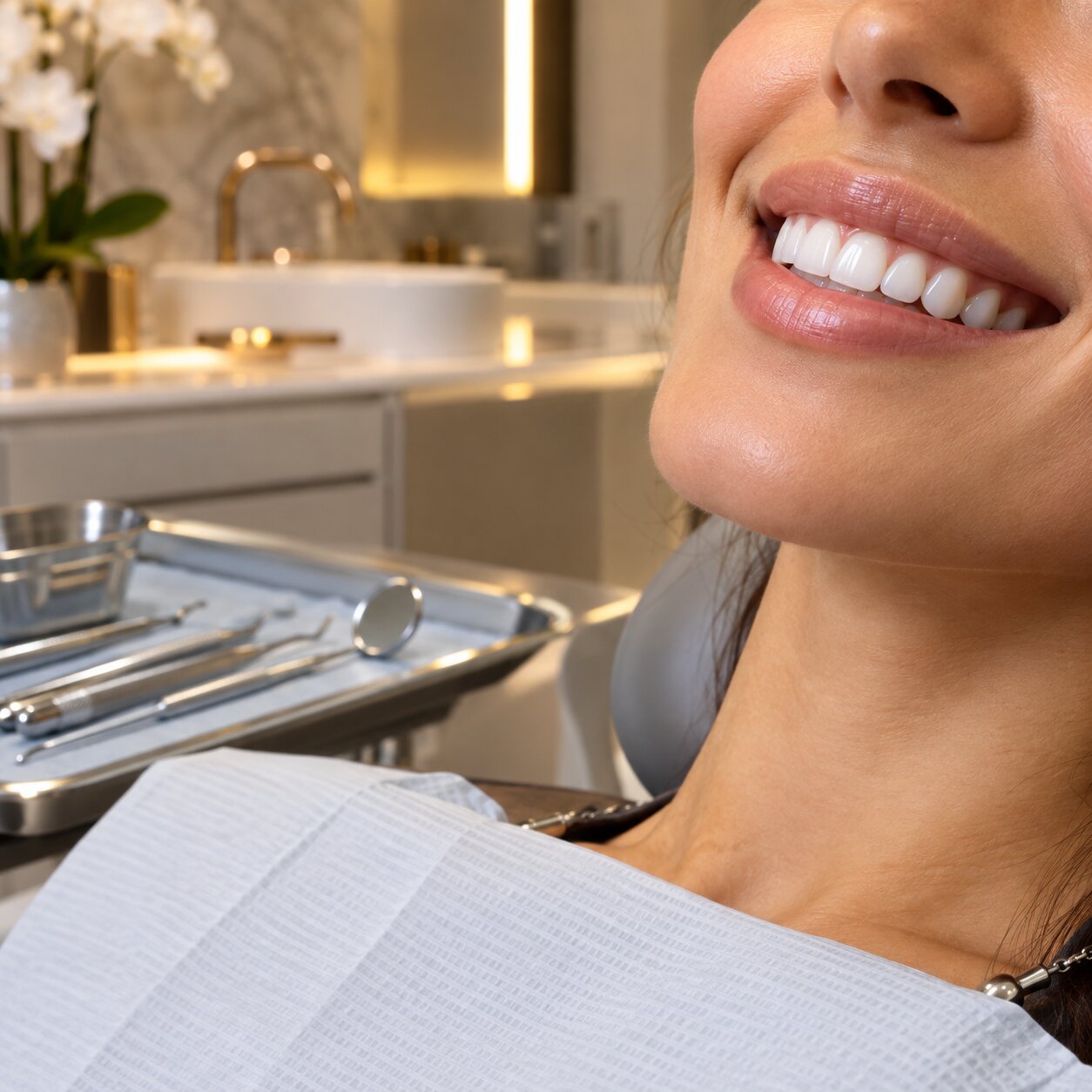 Paciente sorrindo em cadeira odontológica ao lado de instrumentos clínicos