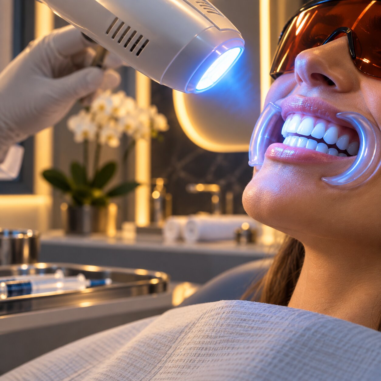 Paciente durante clareamento dental com óculos de proteção e luz auxiliar