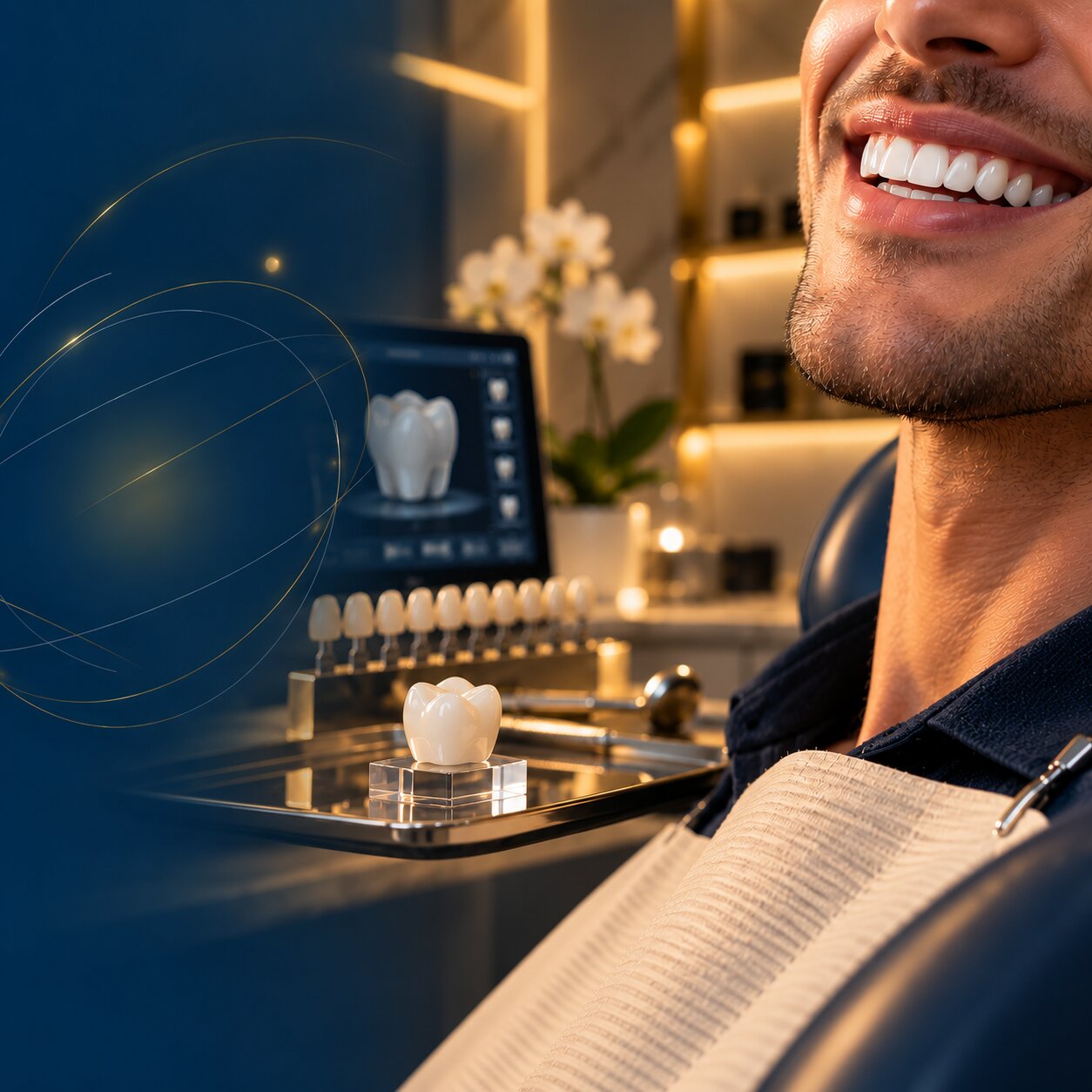 Paciente sorrindo ao lado de uma coroa odontológica e modelo digital de dente