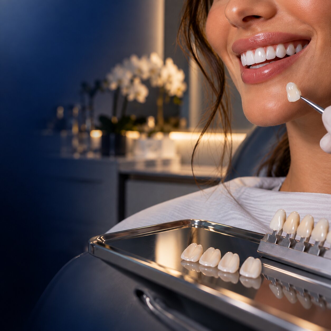 Paciente sorrindo durante avaliação estética com peça de porcelana para comparação