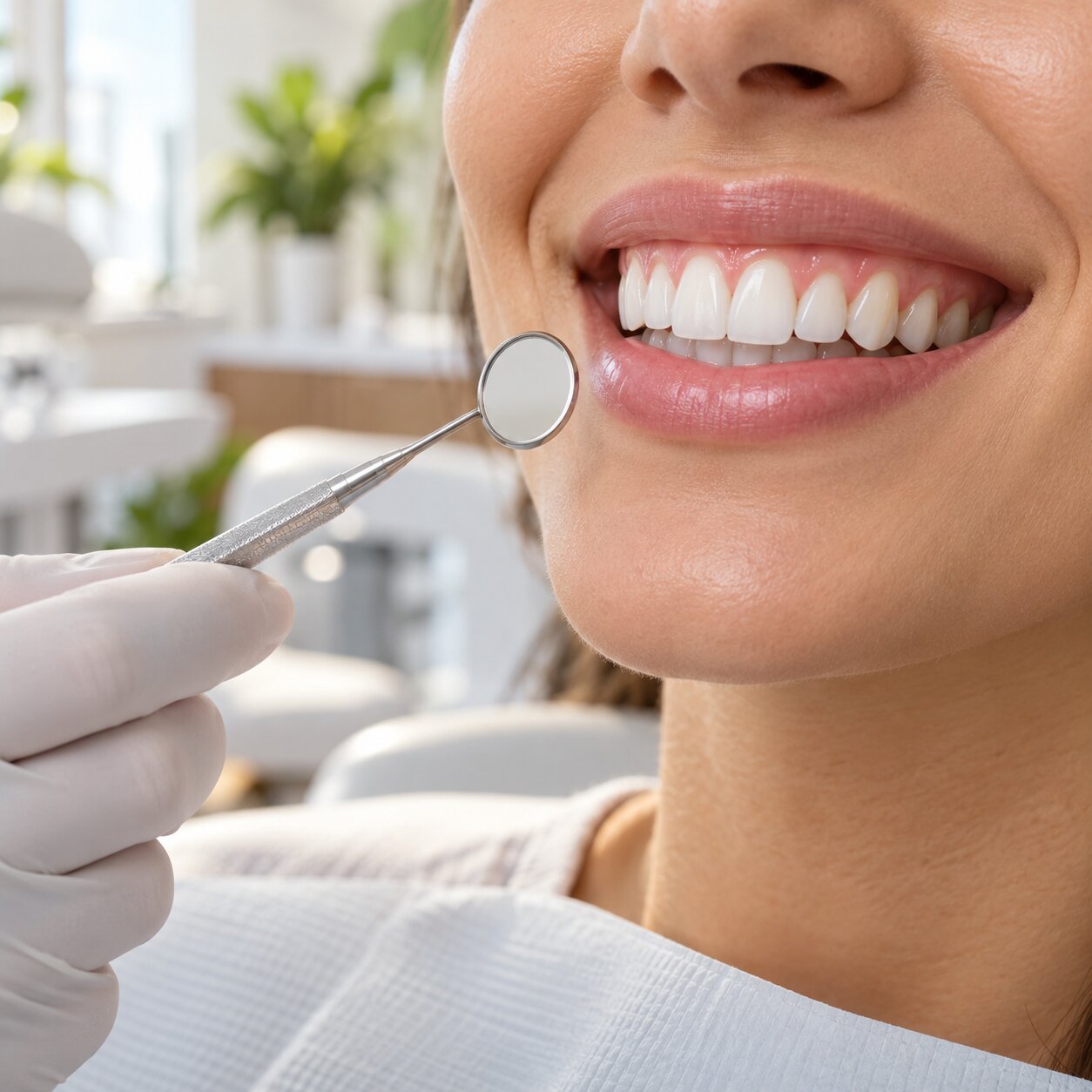 Paciente sorrindo durante exame da gengiva com espelho odontológico
