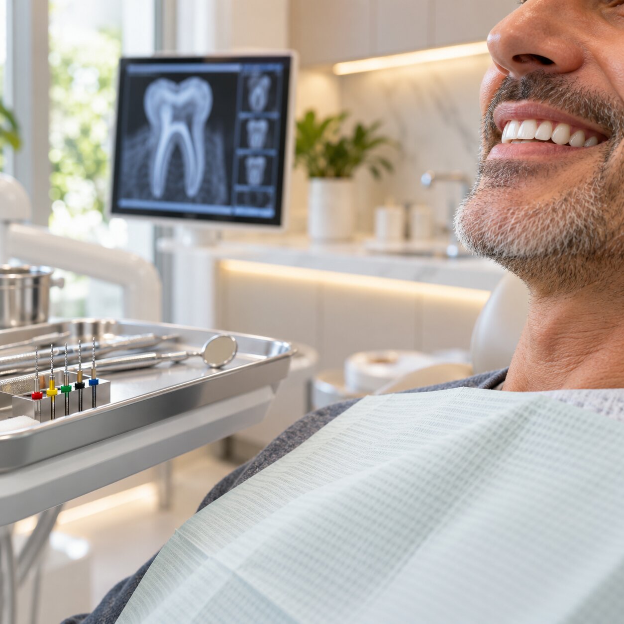 Paciente em consultório com radiografia de dente e instrumentos endodônticos ao lado