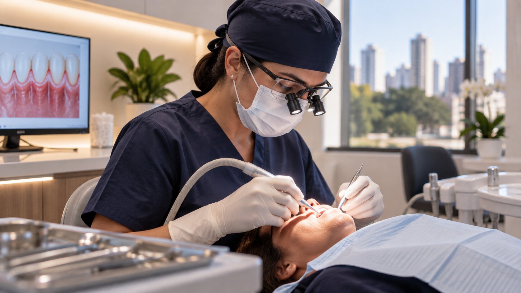 Profissional examinando a boca de uma paciente em consultório odontológico
